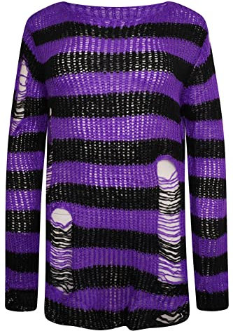 Ro Rox Maglione RYOT Righe Larghe Gotiche Lavorate a Maglia Oversize Invecchiate, Viola, 42-50