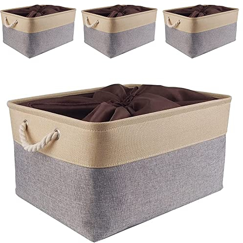 Mangata aufbewahrungskorb Stoff 4er Set, aufbewahrungsbox groß Schrank, Korb aufbewahrung Stoff mit Seil für Spielzeug, kleiderschrank, Regale, Kleidung (Faltbare,XXL, Grau Beige)