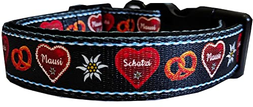 Hundehalsband Trachtenlook bayrisch Alpen Herzen gepolstert Neopren schwarz Halsband Nylon verstellbar exklusiv weich 32-50 cm x 2,5 cm breit