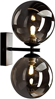 Elegante Wandleuchte mit Schalter, Metall Schwarz & Rauchglas Kugeln mundgeblasen
