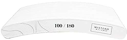 Mistero Milano Lima de uñas básica para uñas de gel y uñas acrílicas, herramienta de moldeo de placa de uñas para manicura, hecha de papel resistente, grano básico 100/180, forma curva, 25 unidades
