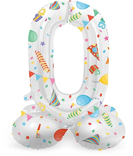 Folat 64760 Luftballon Geburtstag Stehender Ziffer Zahl 0 Joyful Party Weiß mit Geschenke und Dekoration 41 cm - Decoration Geburtstagdeko, Ballon Zahl, Kein Helium erforderlich