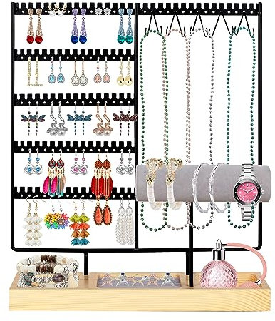powerking Jewelry Organizer Stand, Earring Holder Organizer with 90 Holes, Jewelry Stand with Bracelet Holder, Jewelry Holder for Necklaces Rings Earrings Watches Bracelets