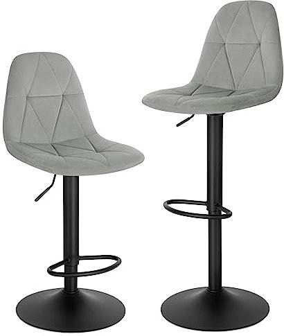 Lestarain Barhocker 2er Set, Tresenhocker, Bistrohocker, Design-Hocker mit Rückenlehne, höhenverstellbar, 360°Drehhocker, Barstuhl mit Samtbezug, aus Metall, Sitzhöhe 60-81 cm, hellgrau, LBAI64002-2