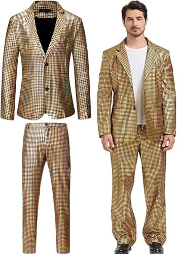 iksya Herren 2 Teilige Disco Blazer - 70er 80er Glänzende Jacke und Hose Metallic Paillettenanzüge Discokugel Party Karneval Kustüm Hochzeit Glänzender Anzug (Color : Gold, Size : XXL)