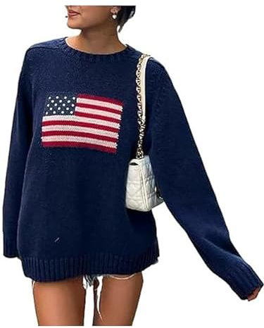 SANSIWU Y2k Damen-Pullover, Vintage, Lässig, Langärmelig, Rundhalsausschnitt, Locker, USA-Flagge Bedruckt, Sweatshirt Mit Adretter Gestreifter Optik, A-Marineblau, M