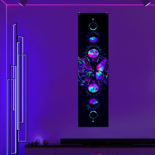 Alishomtll Schmetterling Mondphase UV Wandteppich, Fluoreszierende Tarot Galaxy Bunte Wandteppich, Schlafzimmer Wohnheim Wandtuch Ästhetische Dekorative Wandbehang, Schwarz 120x33cm
