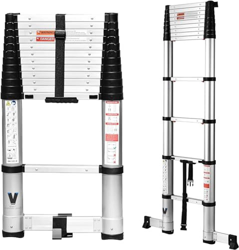 Teleskopierbare Leiter 3.8m, BOWEITI Erweiterung Schritt Leiter EIN-Knopf-Retraktion, Aluminium zusammenklappbare Leiter Slow Down Design für Home RV Loft, 330 lbs Max Kapazität
