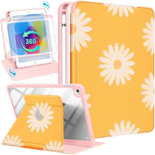 SurgeCraft for iPad Mini 4/5 Case, 360 Degree Rotating Stand with Pencil Holder for Women Cute Girls Folio Cover Flower Yellow Flora for iPad Mini 4th/5th Generation Cases 7.9 Inch