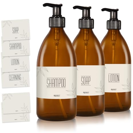 Oputec 3 x 500ml Seifenspender aus Glas + Etiketten: Shampoo Flaschen zum Befüllen als Duschgel Spender, Pumpspender - Pumpflasche aus Braunglas - Behälter zum Befüllen für Küche Badezimmer