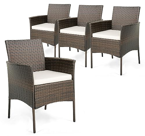 COSTWAY 4er-Set Rattanstühle für draußen, PE-Geflecht Gartenstühle mit Sitzkissen, Metallrahmen & Gebogene Armlehnen, Rattan Essstühle für Balkon, Veranda & Poolbereich