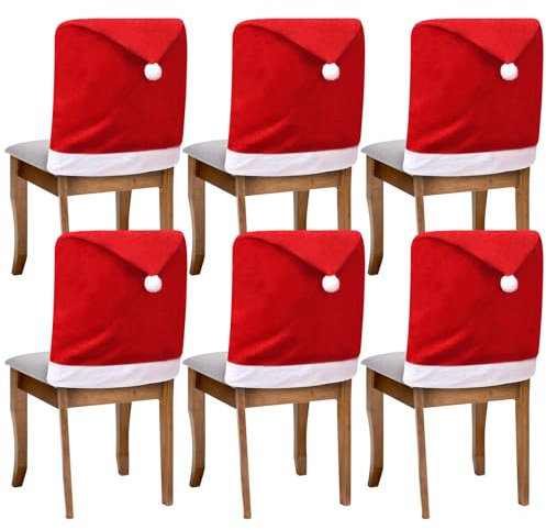 6er Set Weihnachten Stuhlhussen, Nikolausmütze Stuhlbezug Husse Stretch Stühle Überzieher, Abnehmbarer Stuhlabdeckung im weihnachtlichen Design für Hotel, Bankett, Küche, Restaurant, Haus, Hochzeit