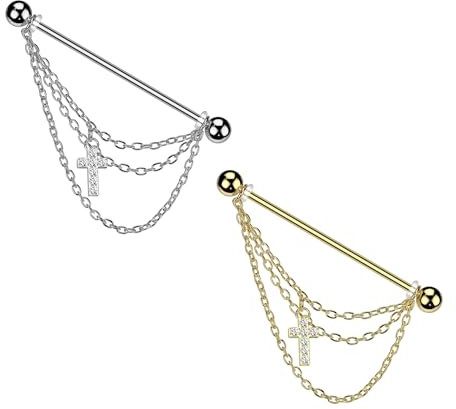 beyoutifulthings Industrial-Piercing SET Dreier-Kette Pavé Kreuz Gold Silber Industrial-Barbell Industrial-Bar Chirurgenstahl Stab-länge 38-mm