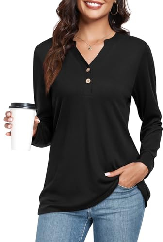 CATHY Womens Long Sleeve Tops Button Up V-Neck Henley Shirts Dressy Casual Tunic Blouses, 3XL, Black
