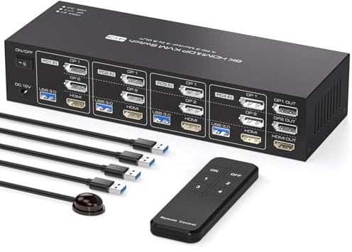 PVBCTCSID HDMI+ 2 Displayport KVM Switch 4 PC 3 Monitore 8K60Hz 4K144Hz USB 3.0 KVM Switch 4 Port für 4 Computer Zur Gemeinsamen Nutzung Von 3 Monitore und 4 USB Geräten Unterstützt IR Fernbedienung