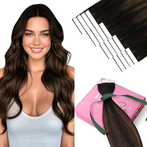 YoungSee Tape in Hair Extensions, Balayage Human Hair Tape in Extensions for Women, Dark Brown Ombre Medium Brown, Natural Hair Tapes, 20 Inch 20pcs 50G