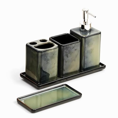 Home Harbour Zen Essence Fambe Collection | 5-Piece Green Bathroom Accessories Set |Soap Dispenser, Toothbrush Holder, Tumbler, Vanity Tray,& Multipurpose Holder | Stoneware Organiser (Set of 5 Green)