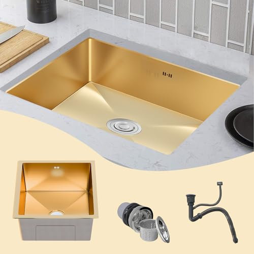 Fregadero bajo Encimera Dorado 60x 45cm,Fregadero Cocina 1 Seno+ Sifón,Fregadero de Cocina de Acero Inoxidable