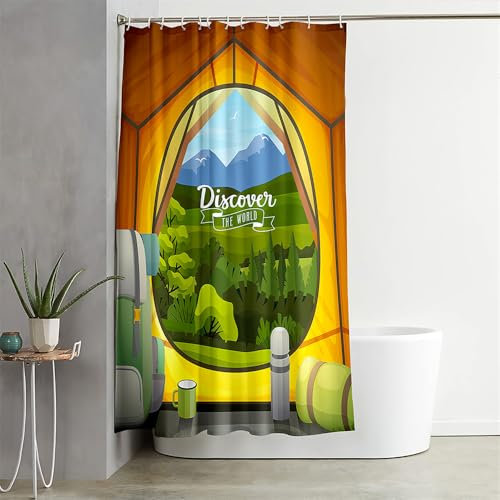 Hixingo Cortina de Ducha Impermeable, 3D Cámping Cortina Ducha Poliester Lavable Cortinas de Baño con 12 Ganchos Cortina Baño para Familia, Hotel (120x180cm,Cámping)