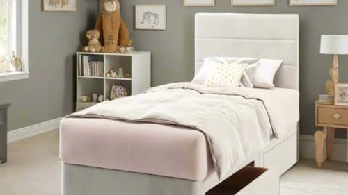 CALISMA Single Divan Bed Base with Paris Horizontal Headboard, 2 Storage Drawers, Silver Crush Velvet (silver crush, 3ft single)