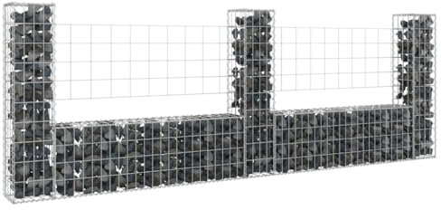 Quincaillerie, clôtures et barrières, panneaux de clôture - Panier gabion en forme de U avec 3 poteaux en fer 260 x 20 x 100 cm