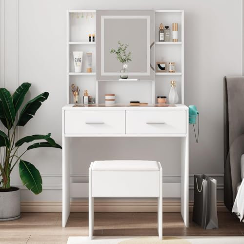 LEADZM Coiffeuse avec Tabouret & Miroir LED 3 Couleurs Réglables, Support Sèche-Cheveux Intégré + Prise USB/AC, Plateau en Verre Sécurisé, 2 Tiroirs, 80x40x140 cm (Blanc)