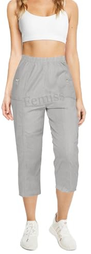 femiss Pantalon Capri pour Femmes Pantalon Élastiqué à Enfiler Court 3/4 Pantalon Doux d'Été Trois Quarts Short Grande Taille, Gris-2., 46