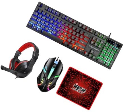 KICHOUSE 1 Set 104 Gaming Keyboard Mouse with Backlit Features Mouse Pad Headset for Laptops Computers Comfortable Easy to Install Gaming Bundle