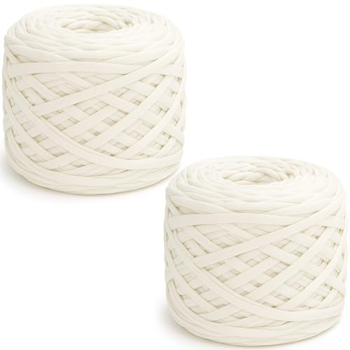 Lighterday Tshirt Garn,285 g x 2 Grobes T-shirt Wolle Elastisches Stoffgewebe Häkelgarn,Häkelwolle Textilgarn Zum Häkeln für Gehäkelte Körbe,Decke Chunky Yarn für Anfänger(Cremeweiß)