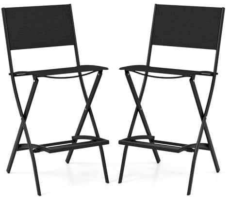 GOPLUS Gartenstuhl klappbar, 2er Set Balkonstuhl aus Metall bis 150kg belastbar, Barhocker Barstuhl mit Rückenlehne & Fußstütze, Klappstuhl Terassenstuhl Outdoor für Rasen Veranda (Schwarz)