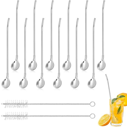 12 PCS Edelstahl Trinkhalmlöffel, Wiederverwendbar 21 cm Mit 2 Reinigungsbürsten, Metall Strohhalm Löffel Set Für Latte Macchiato, Cocktails, Eiskaffee, Milchshakes, Smoothies, Partygetränke