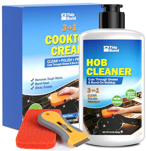Hob Cleaner Kit, 250ml Heavy Duty Polish for Glass Ceramic & Induction Hobs | Hob Cleaner & Polish with Scraper & Non-Scratch Pad, Removes Burnt-On Food, Grease & Stains, for Electric Hob Cleaning