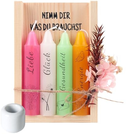 Kerzenset mit Kerzenständer, Geschenk für Frauen, Freundin, Schwester oder Kollegin zum Geburtstag, Nimm dir was du brauchst Kerzen, Kerzen Deko Holzkiste mit Trockenblumen