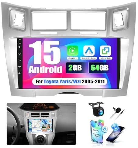 CAMECHO Autoradio Für Toyota Yaris/Vizi 2005-2011 2G+64G Android 15 Wireless CarPlay Android Auto Bluetooth Radio GPS AUX, 9 Zoll Berührungsbildschirm WiFi + Rückfahrkamera Mikrofon