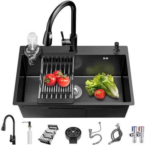 Fregadero de Cocina de Acero Inoxidable 75 cm, Fregadero Empotrado de 3 Agujeros con 1 Cubeta, Set Completo con Grifo Extraíble, Lavavasos y Kit de Desagüe (Gris Oscuro, 75 x 45 cm)