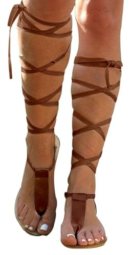 Sandales romaines pour femme - Sandales d'été pour femme - Sandales à lanières - Bottes hautes - Chaussures à lacets - Élégantes - Sandales de loisirs - Sandales d'été - Sandales de plage
