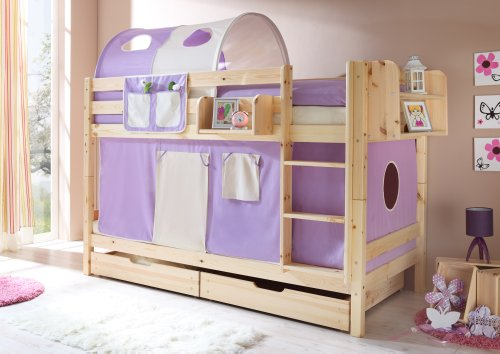 Etagenbett Doppelbett Marcel Kiefer massiv Natur, Vorhangstoff:Lila Beige