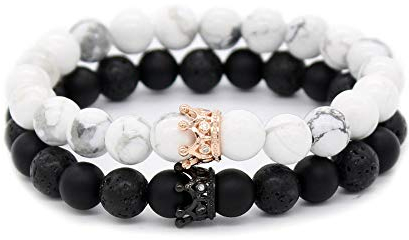 Armband Queen und King Crown Naturstein Perlen für Paare,Elastisch Armband aus CZ Kronen König und Königin schwarz Lava Vulkanischen Stein und weiß Howlite,Freundschaft Armreif Couple Armbänder 8mm