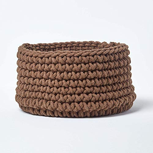 HOMESCAPES Chocolate Brown Knitted Storage Basket Round W37 x H21cm 100% Cotton Fabric Basket Toys Basket Matching with Knitted Pouffes