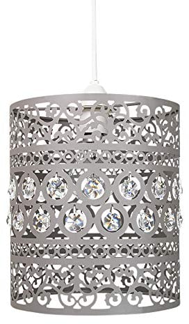 Traditional and Ornate Grey Easy Fit Drum Pendant Shade with Clear Acrylic Droplets | 20cm Diameter | Shabby Chic Style by Happy Homewares