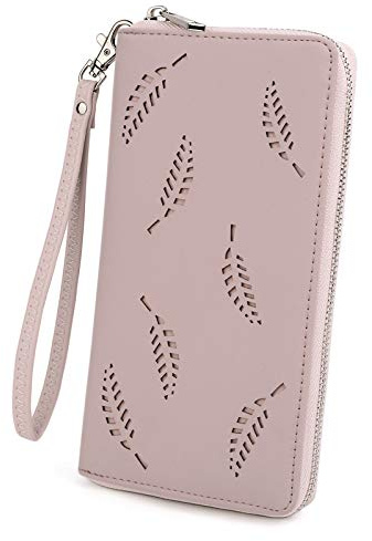 UTO Damen Geldbörse Große Leder Hohl Geschnitzte Blätter Kartenhalter Scheckheft Pass Organizer Damen Reise Clutch mit Wristlet Pink