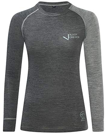 Black Crevice Damen Langarmshirt aus Merino Wolle in 40 - Anthracite/Grey I Funktionsshirt atmungsaktiv I Funktionsunterwäsche I Base Layer I Long Sleeve I Skiunterwäsche
