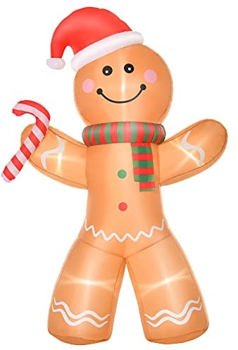 HOMCOM 240 cm Aufblasbare Weihnachtsdeko Aussen Lebkuchenmann Deko mit Integrierte LED-Lichtern Aufblasbare Outdoor Weihnachtsdekoration mit Zuckerstange Weihnachten Dekoration für Hof Garten Rasen