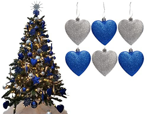Simply Products 6 Heart Baubles - Great Christmas Tree Decorations, Glitter Heart Baubles (Royal Blue & Silver Glitter)