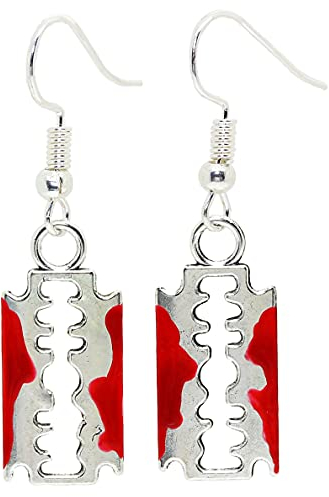 Bluebubble FRIGHT NIGHT Bloody Razor Blade Dangle Earrings on Gift Card