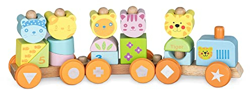 Navaris Holzzug für Kinder - Zug Holzspielzeug mit Tieren Zahlen - Deko Holzeisenbahn stapelbar - Stapelspielzeug für Jungen und Mädchen - 17 Teile