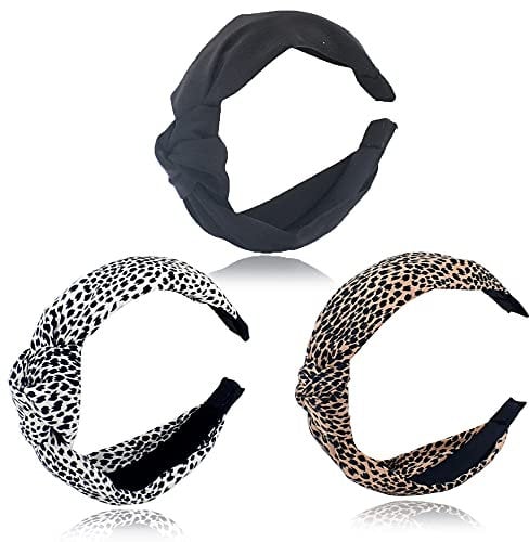 Bellisia Knotted Headbands for Women - Fabric Hair Bands - Leopard Print - Black Top Knot Headbands - Wide Hairbands - Turban Hair Accessories - 3Pcs