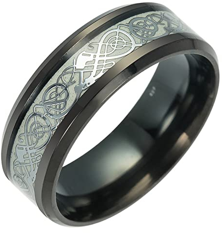 PAMTIER Herren Damen Drachen Ring Edelstahl Kohlefaser Keltischer Drachen Muster Ehering Ring Silbernes Dargon Leuchtendes Schwarz Größe 62 (19.7)