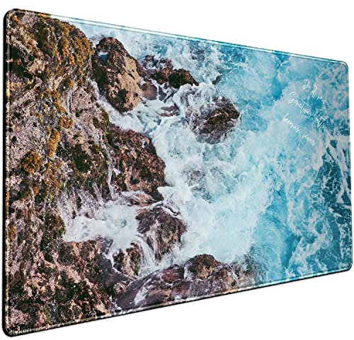 Marble Desk Mat Blue Ocean Waves Desk Pad Cute Topper Desk DéCor Aesthetic Large Mouse Pad for Women Mousepad Computer Office Keyboard Laptop Mouse Mat 31.5x15.7In-with Stitched Eges Non-Slip Base