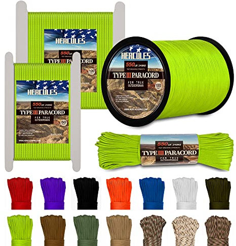 HERCULES Tipo III Paracord 550 Corda Paracord Corda per paracadute, 100' verde neon per fai da te, campeggio, sopravvivenza, all'aperto